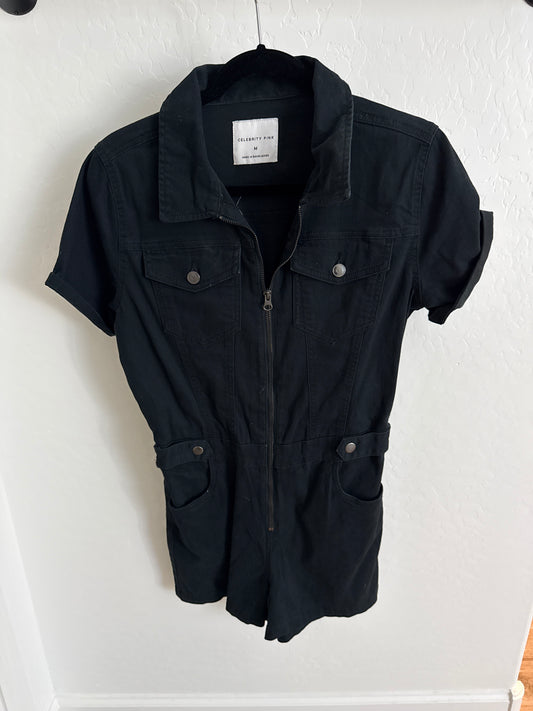 BLACK DENIM ZIPPER ROMPER