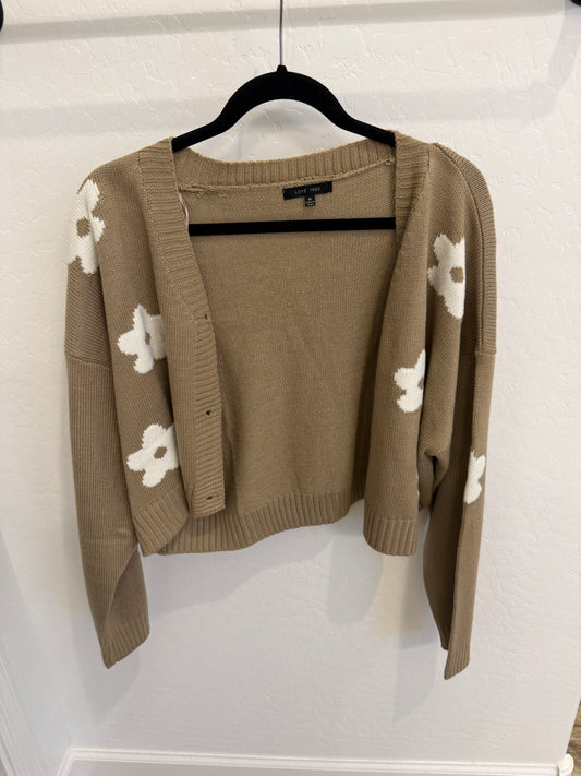 TAN FLORAL CROPPED CARDIGAN