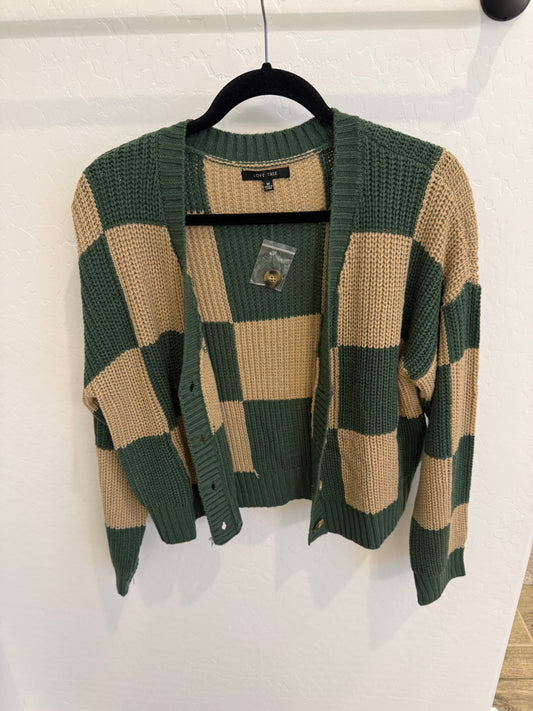 GREEN & TAN CHECKERED CROPPED CARDIGAN